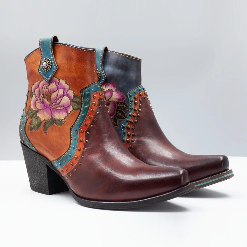 Cor-Botas ocidentais de couro bordado em bloco